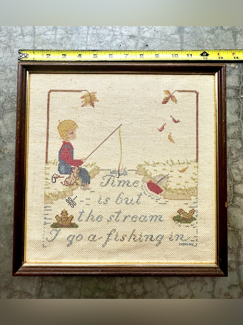 Vtg Framed Handmade Counted Cross-Stitch "Time Is But the stream I go a-fishing" - Picture 2 of 7